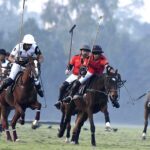 Players struggling to get hold on the ball during polo match played between Pebble Breaker and Barry`s Polo during Aibak Polo Cup 2023 at Lahore Polo Club