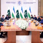 Caretaker Prime Minister Anwaar-ul-Haq Kakar meets with the President of the Republic of Uzbekistan, Mr. Shavkat Mirziyoyev on the sidelines of 16th ECO Summit