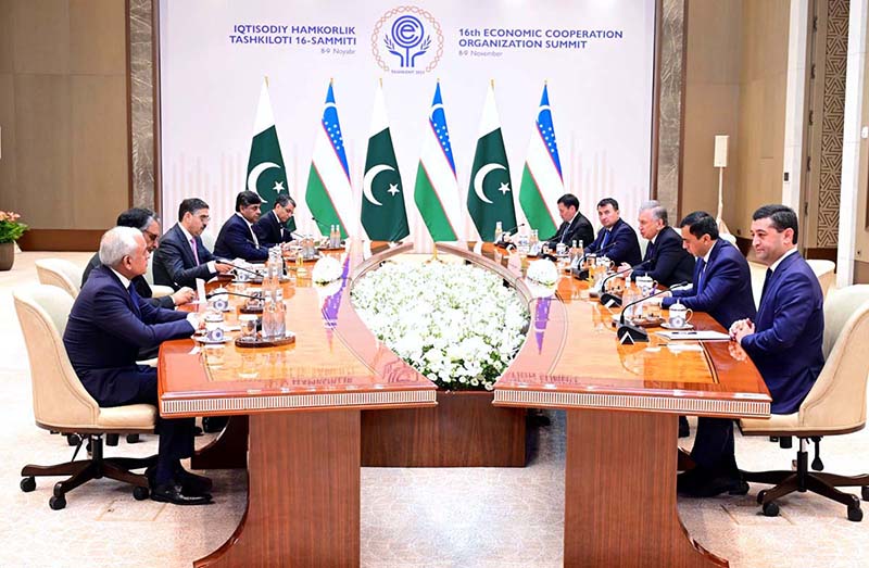 Caretaker Prime Minister Anwaar-ul-Haq Kakar meets with the President of the Republic of Uzbekistan, Mr. Shavkat Mirziyoyev on the sidelines of 16th ECO Summit