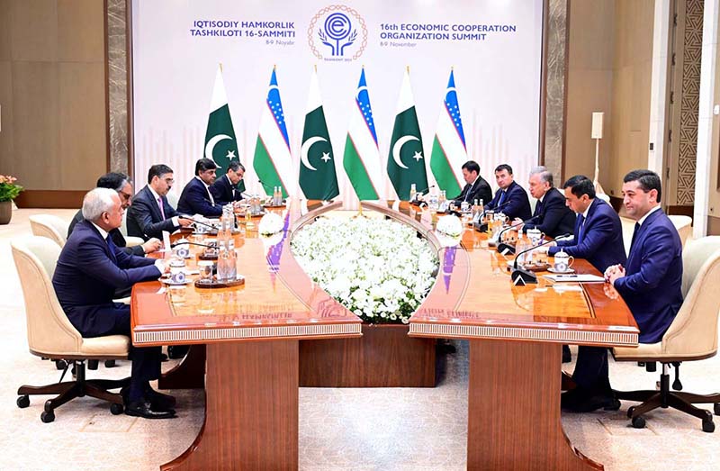 Caretaker Prime Minister Anwaar-ul-Haq Kakar meets with the President of the Republic of Uzbekistan, Mr. Shavkat Mirziyoyev on the sidelines of 16th ECO Summit