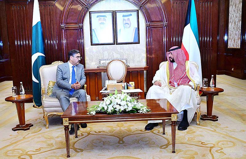 Caretaker Prime Minister Anwaar-ul-Haq Kakar meets First Deputy Prime Minister and Minister for Interior of Kuwait, Sheikh Talal Al-Khaled Al-Ahmad Al-Sabah