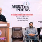 Ameer of Jamaat-e-Islami Karachi Hafiz Naeem ur Rehman addressing the meet the Press at Karachi Press Club.