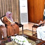 President Dr. Arif Alvi in a meeting with Imam Khatib of Masjid Al-Haram and Advisor at Saudi Royal Courts of Saudi Arabia, Dr. Saleh bin Abdullah Humaid, at Aiwan-e-Sadr