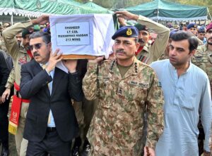 Caretaker Prime Minister Anwaar-ul-Haq Kakar attending Namaz-e-Janaza of Lieutenant Colonel Muhammad Hassan Haider who embraced shahadat in Tirah valley, at Chaklala Garrison