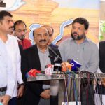 Caretaker Sindh Minister Local Government, Housing & Town Planning & Rehablitation Department Mubeen Jumani talking to Media Persons during Visit at Karachi Press Club