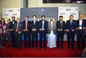 Consul General of China in Karachi Yang Yundong, Consul General of the United Arab Emirates in Karachi Bakheet Ateeq AlRemeithi and Governor of Sindh Kamran Khan Tessori perform the inauguration by cutting ribbon at PropTech Convention & BuildAsia Expo at the Karachi Expo Center