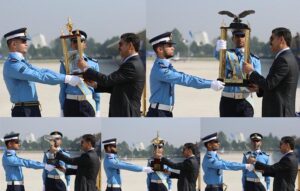 Caretaker Prime Minister of Pakistan Anwar-ul-Haq Kakar, awarding trophies to the distinction holders at the Graduation Ceremony held at PAF Academy, Asghar Khan