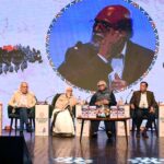 Renowned intellectuals Zehra Nigah, Iftikhar Arif, Afzaal Ahmed Sayyad, Tehseen Firaqi and Farasat Rizvi talking during the first session of the opening ceremony of the 4 days 16th International Urdu Conference-2023 organizes by Arts Council of Pakistan Karachi