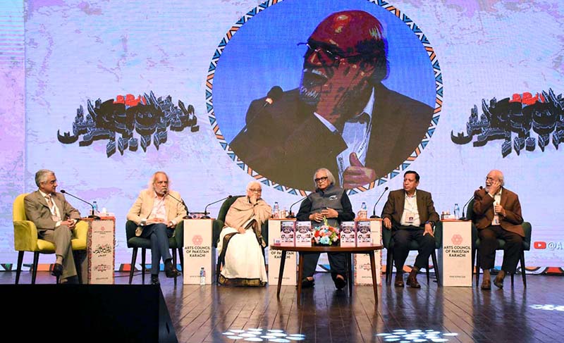 Renowned intellectuals Zehra Nigah, Iftikhar Arif, Afzaal Ahmed Sayyad, Tehseen Firaqi and Farasat Rizvi talking during the first session of the opening ceremony of the 4 days 16th International Urdu Conference-2023 organizes by Arts Council of Pakistan Karachi