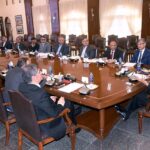 Caretaker Sindh Chief Minister Justice (R) Maqbool Baqar presides over a meeting of the health department at CM House