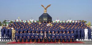 Caretaker Prime Minister of Pakistan Anwar-ul-Haq Kakar and Air Chief Marshal Zaheer Ahmed Baber Sidhu, Chief of the Air Staff, Pakistan Air Force with the graduating officers at the Graduation Ceremony held at PAF Academy, Asghar Khan