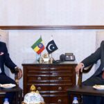 Caretaker Sindh Chief Minister Justice (R) Maqbool Baqar exchanges views with Ambassador of Ethiopia Mr. Jemal Beker Abdula who called on him at CM House
