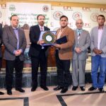 Dr Arshad Ali, Associate Professor Center for media and Communication Studies receiving award from Punjab Higher Education Commission Chairman, Dr. Shahid Munir, Punjab University Vice Chancellor Dr. Khalid Mehmood, Press Club President Azam Chaudhry, Secretary Abdul Majeed Sajid and Senior Journalist Adnan Lodhi are also present, PHEC for those members of the club who are working journalists was awarded with the Award of Excellence in a joint ceremony at Lahore Press Club
