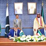 Caretaker Prime Minister Anwaar-ul-Haq Kakar and First Deputy Prime Minister and Minister for Interior of Kuwait Sheikh Talal Al-Khaled Al-Ahmad Al-Sabah witnessing the signing of MoUs regarding cooperation in various fields between the two countries