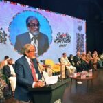 Caretaker Chief Minister Sindh Justice Maqbool Baqir addressing at the inaugural of 16th Aalmi Urdu Conference 2023 at Arts Council