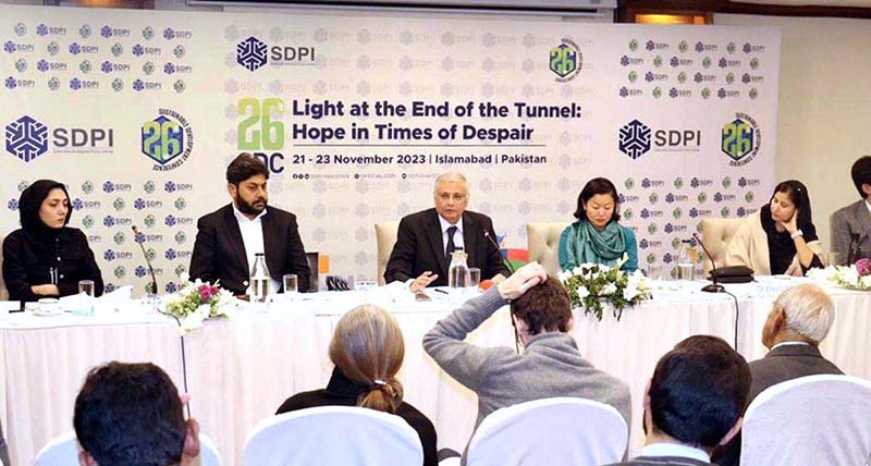 Caretaker Minister for Planning Development & Special Initiatives, Muhammad Sami Saeed addresses at the 26th Sustainable Development Conference (SDC) organized by the Sustainable Development Policy Institute (SDPI)