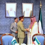 First Deputy Prime Minister and Minister of Interior of Kuwait Sheikh Talal Al-Khaled Al-Ahmad Al-Sabah shaking hands with Chief of the Army Staff of Pakistan General Syed Asim Munir while Caretaker Prime Minister Anwaar-ul-Haq Kakar looks on