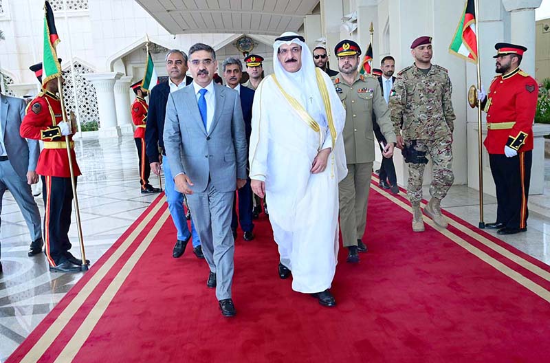 Dr Jasim Mohammed Abdullah Al-Ostad, Minister for Electricity, Water and Renewable Energy seeing off Caretaker Prime Minister Anwaar-ul-Haq Kakar at Kuwait International Airport