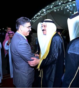 Caretaker Prime Minister Anwaar-ul-Haq Kakar arrives in Kuwait for his two day official visit. Kuwait's Minister for Electricity, Water and Renewable Enegery, Dr Jassim Mohammed Abdullah Al-Ostad receives the Prime Minister upon his arrival