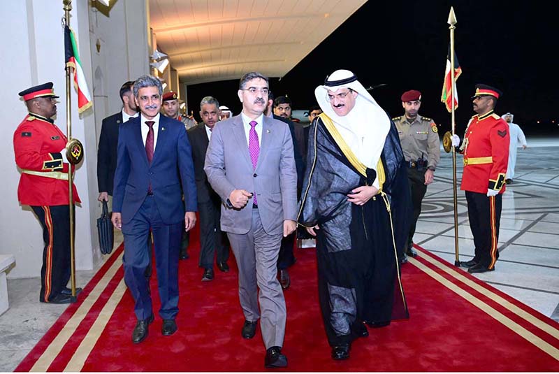 Caretaker Prime Minister Anwaar-ul-Haq Kakar arrives in Kuwait for his two day official visit. Kuwait's Minister for Electricity, Water and Renewable Enegery, Dr Jassim Mohammed Abdullah Al-Ostad receives the Prime Minister upon his arrival