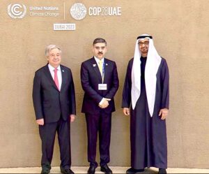 Caretaker Prime Minister Anwaar-ul-Haq Kakar is being received by the President of the United Arab Emirates His Highness Sheikh Mohamed bin Zayed Al Nahyan and the Secretary General of the United Nations, Antonio Guterres on his arrival at Dubai Expo City to attend the High Level Segment of United Nations' 28th Conference of Parties.