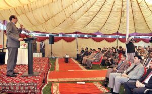 Deputy Chairman NAB Sohail Nasir addressing during ceremony of cheque distribution among affectees of Arain City at NAB Headquarters.