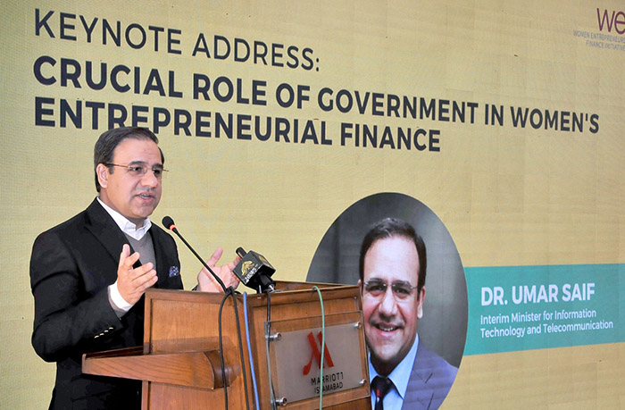 Caretaker Federal Minister for IT and Telecommunication Dr. Umar Saif addresses the "Closing Ceremony of the Women Entrepreneurs Financing Initiative (We-Fi) at local hotel.