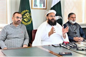 Special Representative to the Prime Minister for Religious Harmony & Islamic Countries and Chairman Pakistan Ullema Council Hafiz Tahir Mahmood Ashrafi accompanied by the representative of Hajj Operative Association of Pakistan (HOPE) addressing a press conference at Ministry of Interfaith Harmony