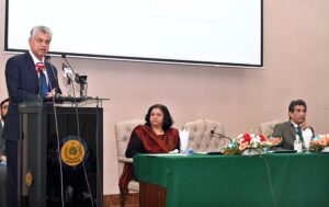 Caretaker Federal Minister for Information, Broadcasting and Parliamentary Affairs, Murtaza Solangi addresses the graduation ceremony of 38th MCMC Domain Specific Training and 40th Specialized Training Program at Information Service Academy Auditorium.