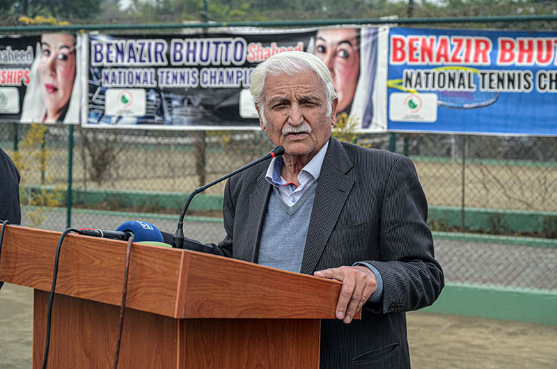 Senator Farhatullah Babar addressing to the closing ceremony of Benazir Bhutto Shaheed National Tennis Championship organised by Sindh Government at Islamabad Tennis Complex