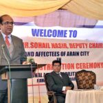 Deputy Chairman NAB Sohail Nasir addressing during ceremony of cheque distribution among affectees of Arain City at NAB Headquarters.