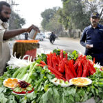 A street vendor sprinkle water to the radish and carrot to keep them fresh on his bicycle setup in federal capital