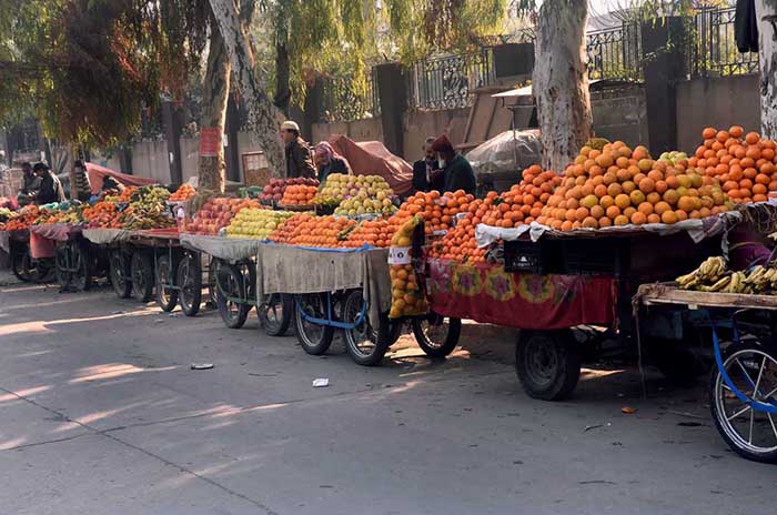 Vendors displaying and selling seasonal fruits at roadside.