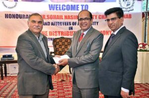 Deputy Chairman NAB Sohail Nasir addressing during ceremony of cheque distribution among affectees of Arain City at NAB Headquarters.