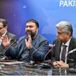 Caretaker Federal Minister for Information and Broadcasting Murtaza Solangi, Caretaker Interior Minister Sarfraz Ahmed Bugti and Caretaker Federal Minister for Petroleum Muhammad Ali addressing a press conference at PID Media Center