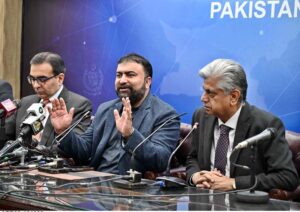 Caretaker Federal Minister for Information and Broadcasting Murtaza Solangi, Caretaker Interior Minister Sarfraz Ahmed Bugti and Caretaker Federal Minister for Petroleum Muhammad Ali addressing a press conference at PID Media Center