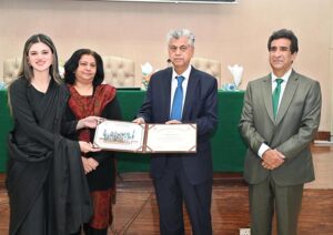  Caretaker Federal Minister for Information, Broadcasting and Parliamentary Affairs, Murtaza Solangi giving away certificates to the graduates during the graduation ceremony of 38th MCMC Domain Specific Training and 40th Specialized Training Program at Information Service Academy Auditorium.