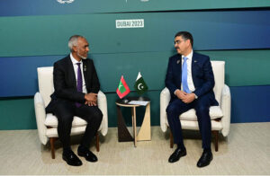 Caretaker Prime Minister Anwaar-ul-Haq Kakar meets the President of Maldives Mr. Mohamed Muizzu on the sidelines of the high level segment of COP 28