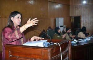 Provincial Woman Ombudsman Nabila Hakim Ali Khan addressing a seminar for the protection of women's rights at Government College Women University, Madina Town