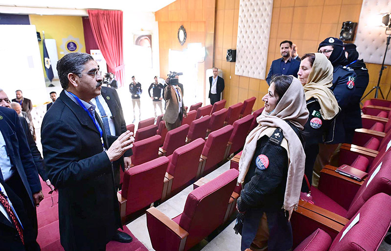 Caretaker Prime Minister Anwaar-ul-Haq Kakar interacting with the under training officers of the Police Service of Pakistan at 7th AFIGP Conference