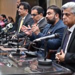 Caretaker Federal Minister for Information and Broadcasting Murtaza Solangi, Caretaker Interior Minister Sarfraz Ahmed Bugti and Caretaker Federal Minister for Petroleum Muhammad Ali addressing a press conference at PID Media Center