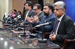 Caretaker Federal Minister for Information and Broadcasting Murtaza Solangi, Caretaker Interior Minister Sarfraz Ahmed Bugti and Caretaker Federal Minister for Petroleum Muhammad Ali addressing a press conference at PID Media Center