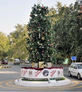 A view of Christmas Tree installed at F-6, Agha Khan Road in connection with upcoming Christmas celebrations in Federal Capital