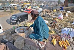 A vendor busy in roasting corn cobs at his roadside setup at Pirwadhai area