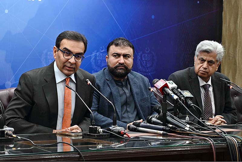 Caretaker Federal Minister for Information and Broadcasting Murtaza Solangi, Caretaker Interior Minister Sarfraz Ahmed Bugti and Caretaker Federal Minister for Petroleum Muhammad Ali addressing a press conference at PID Media Center