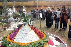 Visitors keenly viewing flowers during Chrysanthemum, Marigold & Autumn Flowers Show-2023 arranged by the Institute of Horticulture Sciences, University of Agriculture Faisalabad (UAF)