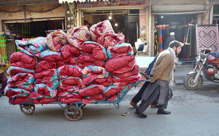 Laborers carrying quilts on his handcart for stitching in a local market at Dabgari area.