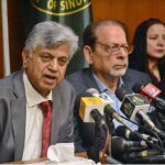 Caretaker Federal Minister for Information, Broadcasting and Parliamentary Affairs Murtaza Solangi and Sindh Minister for Information, Minorities Affairs and Social Protection departments Muhammad Ahmed Shah addressing a joint press conference at the Committee Room of Old Sindh Assembly building.