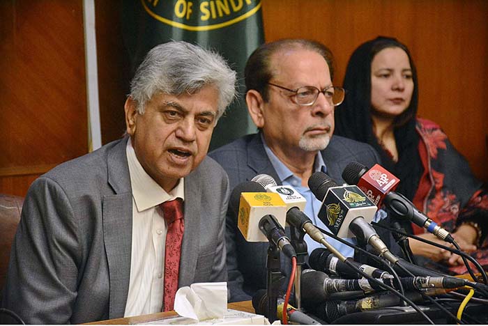 Caretaker Federal Minister for Information, Broadcasting and Parliamentary Affairs Murtaza Solangi and Sindh Minister for Information, Minorities Affairs and Social Protection departments Muhammad Ahmed Shah addressing a joint press conference at the Committee Room of Old Sindh Assembly building.