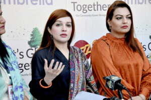 SAPM for Human Rights and Women Empowerment, Mushaal Hussein Mullick (Wife of Jailed Kashmiri Hurriyat Leader Mohammad Yasin Malik) talking to media during the opening ceremony of Islamabad Women Gala Venue: Pak-China Friendship Center